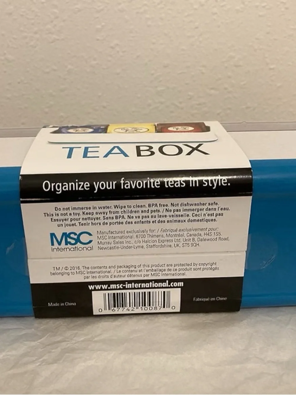 Joie Tea Box White and Blue Accent it holds 36 tea bags.